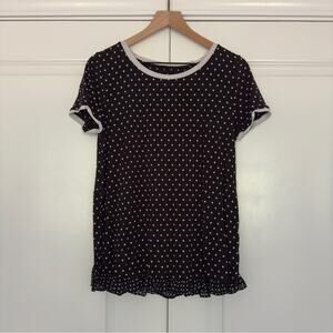 Kate Spade Polka Dot Ruffle hem T-shirt crew neck short sleeve top black white